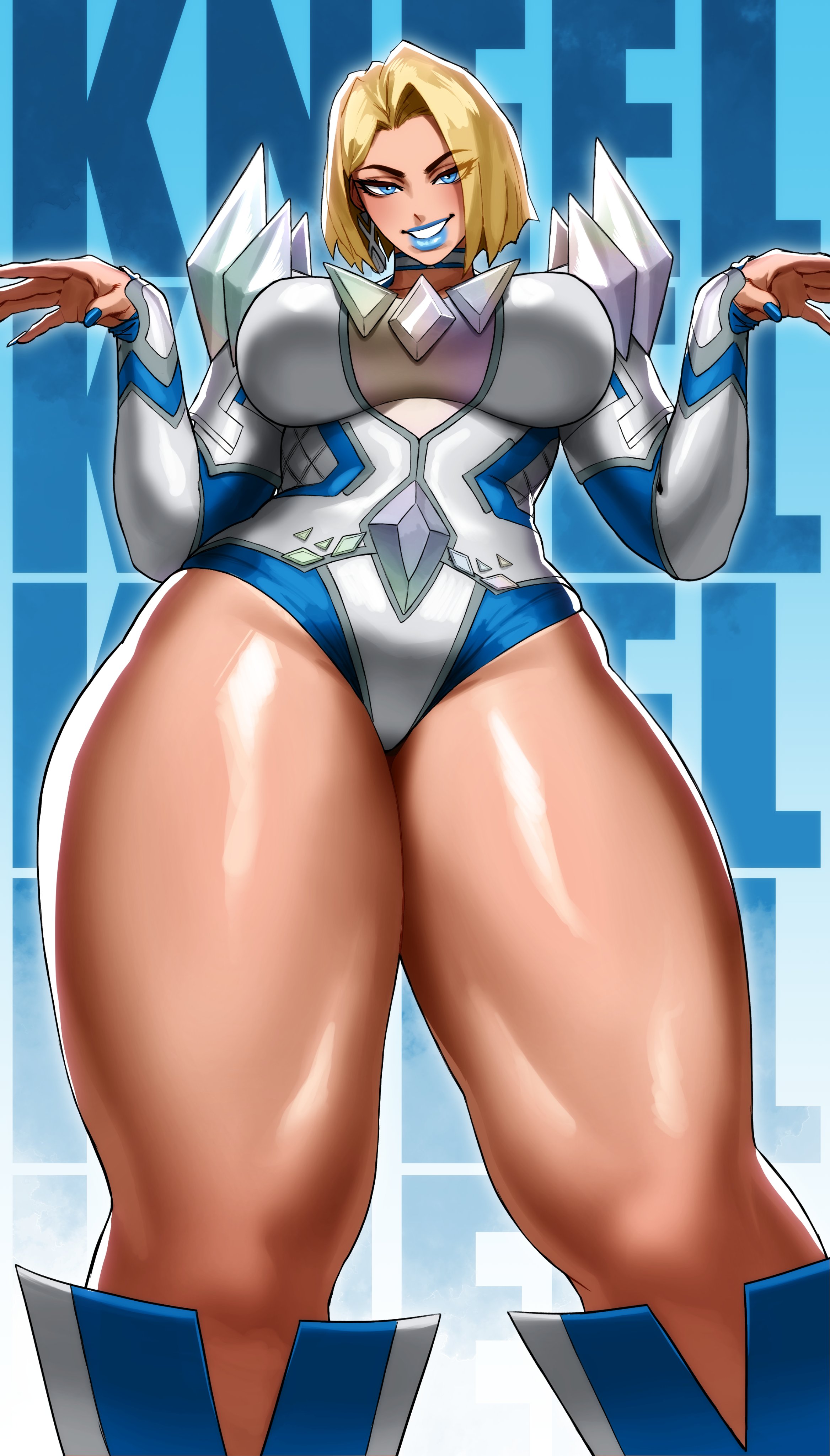 1girls, absurd res, blonde, blonde female, blonde hair, blonde-haired female, blue eyes, blue lipstick, blue nails, bob cut, boots, clothed, clothed female, emma frost, emma frost (marvel rivals), female, female focus, female only, grin, grinning at viewer, high heel boots, high heels, looking at viewer, looking down, looking down at viewer, marvel, marvel comics, marvel rivals, smile, smiling, smiling at viewer, solo, solo female, solo focus, sotcho, thick thighs, thighs