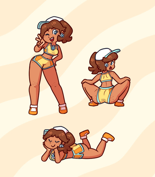 ass, brown hair, crop top, dark skin, dark-skinned female, earrings, female, freckles, freckles on ass, freckles on face, freckles on shoulders, hat, lying on stomach, mario (series), nikoto all-stars smashing, nintendo, princess daisy, shoes, shorts, solo, squatting