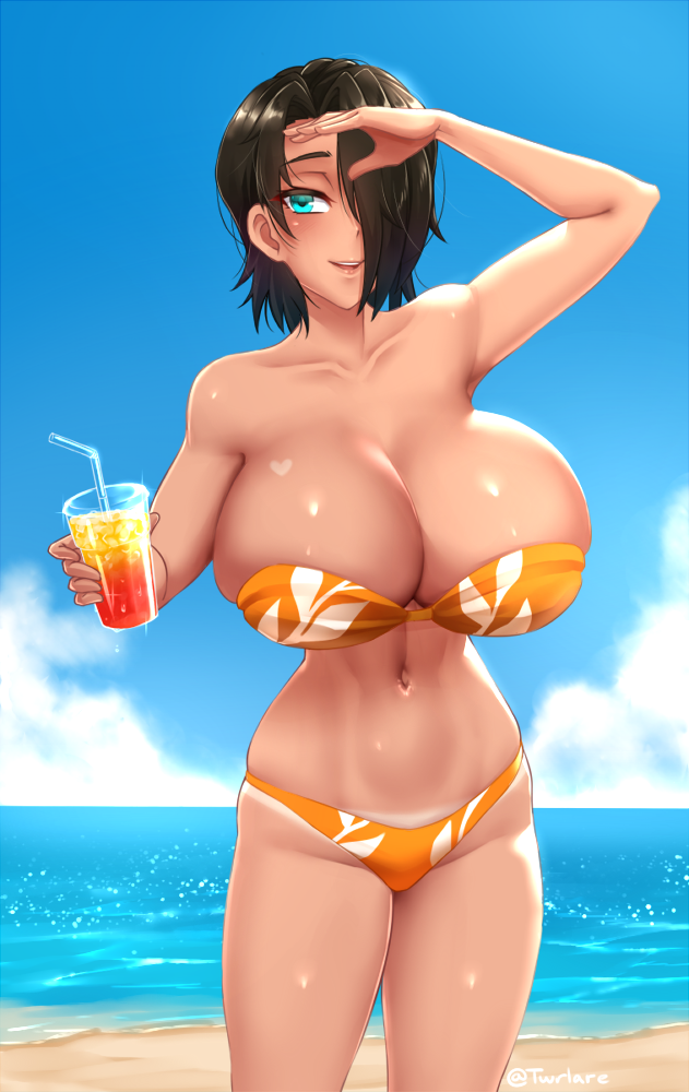 1girls beach bikini blue_eyes breasts cleavage female female_only huge_breasts saya_(twrlare) solo twrlare