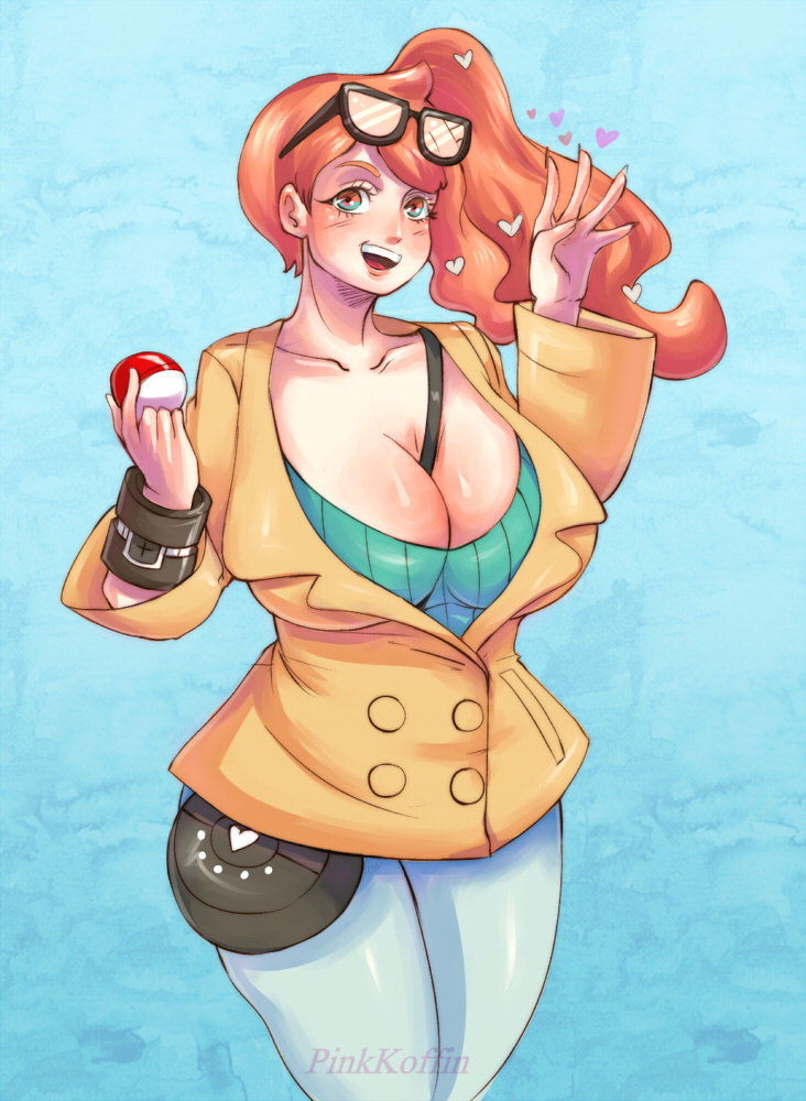 1girls, alternate breast size, bag, between breasts, big breasts, blue background, blue eyes, blush, bracelet, breasts, cleavage, clothed, coat, eye contact, eyelashes, eyewear on head, female, female only, hair ornament, heart, holding, huge breasts, human, human only, looking at viewer, nintendo, open mouth, orange hair, pants, pinkkoffin, poke ball, pokemon, pokemon ss, pokemon trainer, ponytail, purse, shirt, smile, solo, sonia (pokemon), standing, sunglasses, sunglasses on head, teeth, text, thick, thick thighs, tongue, watermark, waving, wide hips