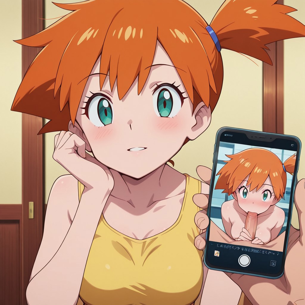 :>=, 1boy, ai generated, bangs, bare arms, blush, breasts, cellphone, cellphone photo, clothing, collarbone, eyelashes, fellatio, female, green eyes, hair tie, holding, holding phone, indoors, kasumi (pokemon), large breasts, looking at viewer, male, medium breasts, nude, oral, orange hair, parted lips, penis, phone, pokemon, pokemon (anime), pokemon (classic anime), pokemon rgby, ponytail, shirt, short hair, side ponytail, sleeveless, sleeveless shirt, smartphone, smile, solo focus, straight, tank top, upper body, yellow shirt