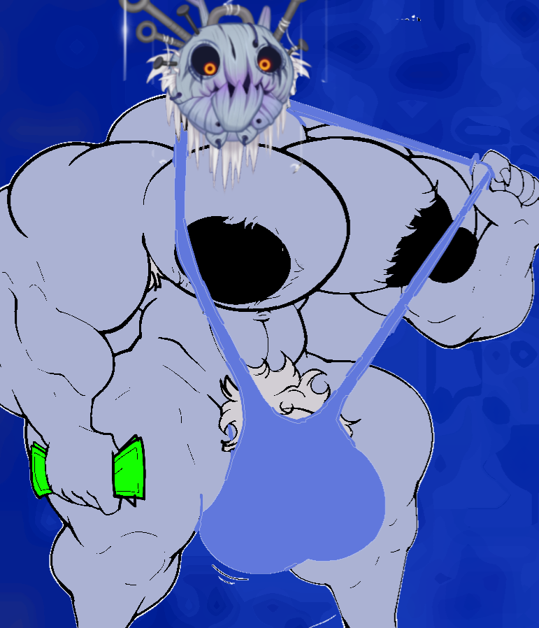 bara blue_background blue_mankini buff bulge bulge_through_swimsuit bulge_under_clothes genderswap_(ftm) hairionette hairionette_(minor_form) holding_mankini holding_money male male_only mankini money my_singing_monsters paironormals penis_exposed_on_mankini pulling_mankini sexy solo solo_male