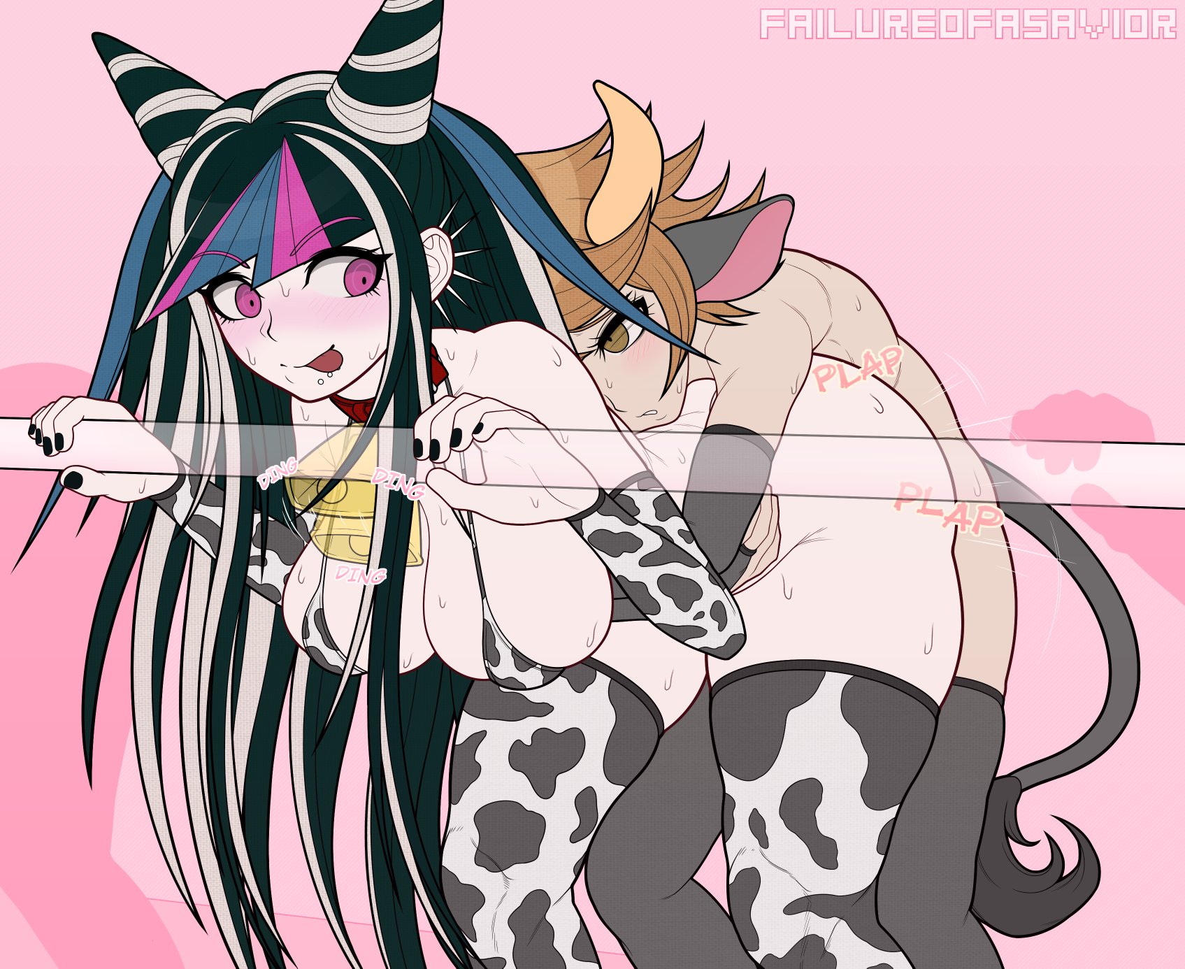 1boy, 1girls, 2d, accessories, accessory, alternate version available, artist name, blushing, breasts, bulldog position, collar, color, cow boy, cow print, cowbell, cowbell collar, danganronpa, danganronpa 2: goodbye despair, danganronpa: trigger happy havoc, ear piercing, failureofasavior, female, femboy, femboy on female, fujisaki chihiro, full color, grabbing, grabbing from behind, grabbing partner, horns, long-haired female, looking at partner, male, mioda ibuki, penetration, sex, sex from behind, short-haired male, simple background, sound effects, standing, standing sex, stockings, straight, straight sex, sweating, tagme, tail, tongue out
