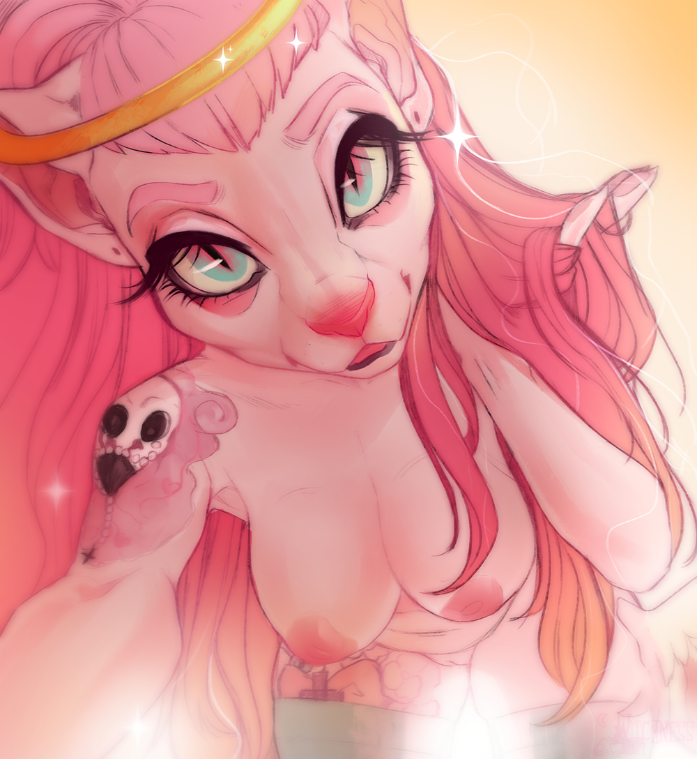 2017 blue_eyes breasts domestic_cat feline female female_only furry long_hair melissa_(allriane) nipples original original_character pink_eyes pink_fur pink_hair tattoo tattoo_on_thigh tattooed_arm thighhighs thighs witchness yellow_background