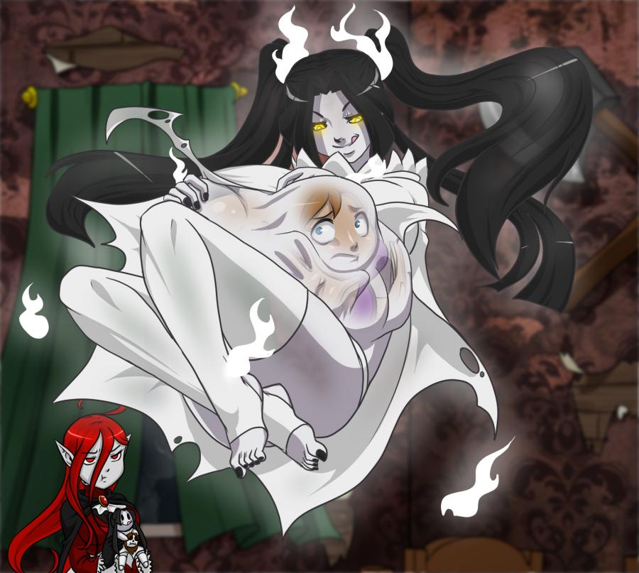 aesir black_hair doll endosoma ghost ghost_girl holding_doll internal_view licking_lips red_eyes red_hair smile stomach_bulge vampire vore yellow_eyes