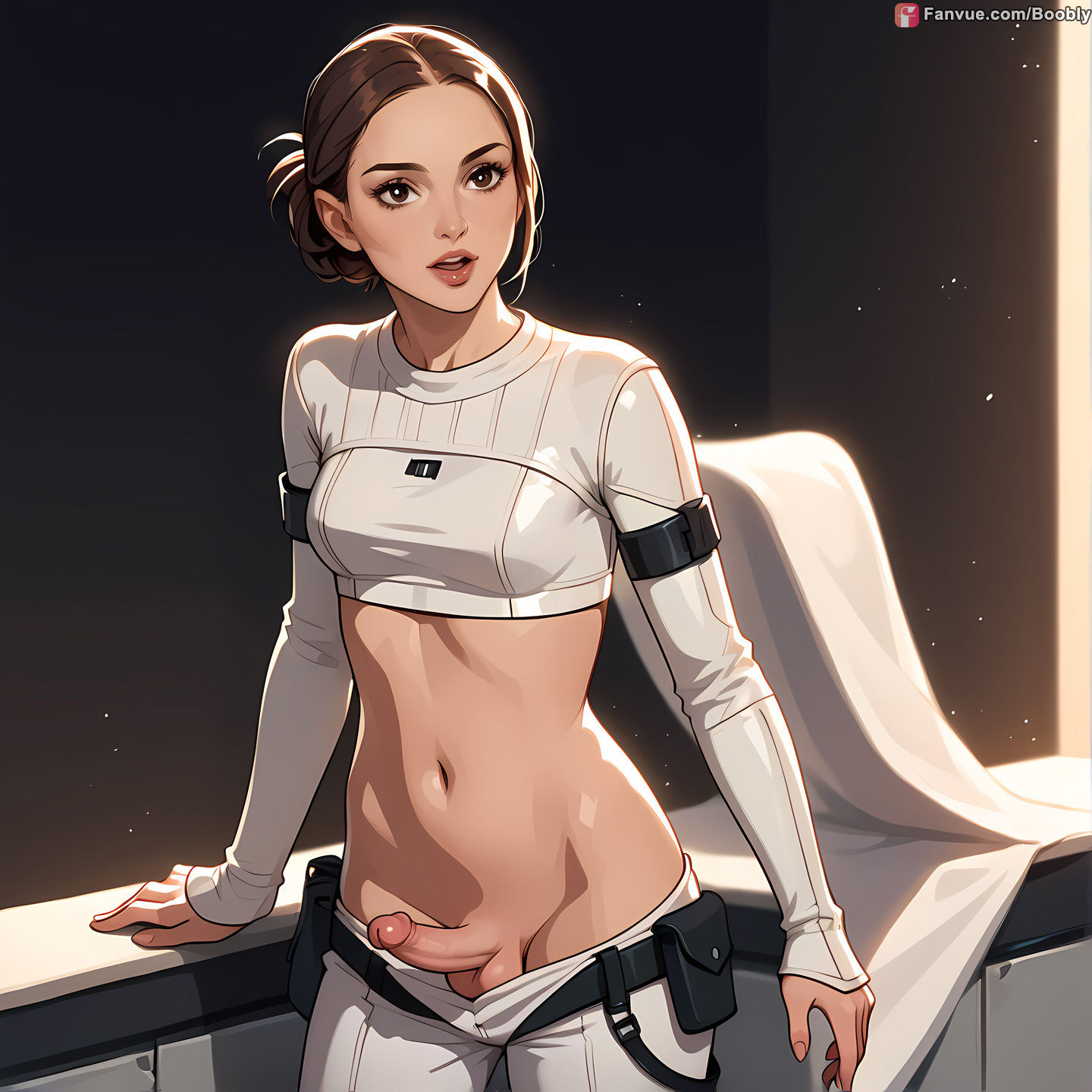 ai generated, belt, boobly, brown hair, futanari, hair bun, intersex, natalie portman, padme amidala, star wars, white shirt