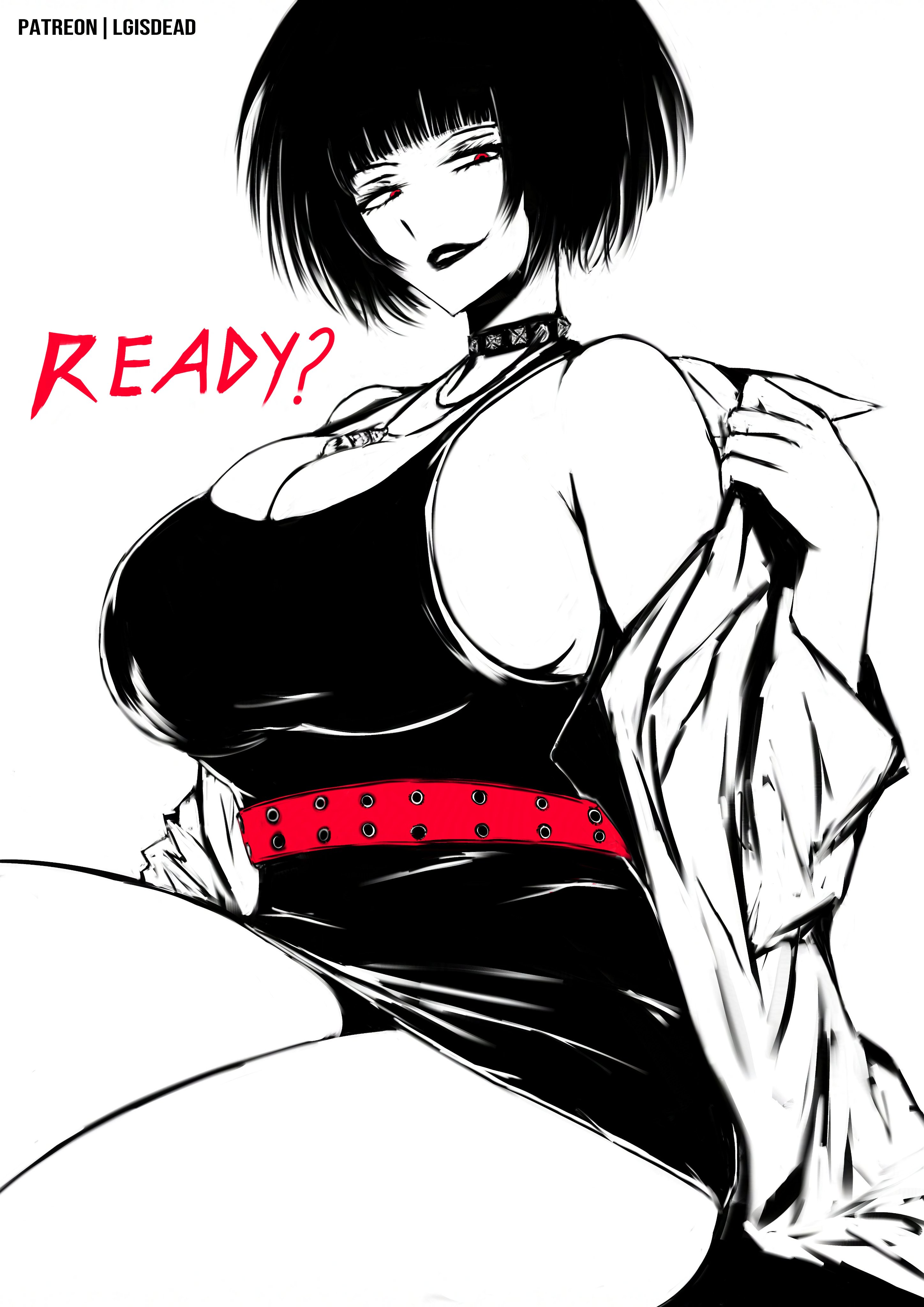1girls, big breasts, black dress, black hair, black-haired female, breasts, clothed, clothed female, doctor, dress, female, female focus, female only, goth, goth girl, lgisdead, light skin, light-skinned female, looking at viewer, persona, persona 5, persona 5 royal, question, red eyes, red-eyed female, sitting, sitting down, solo, solo female, solo focus, tae takemi, text, thick thighs, thighs