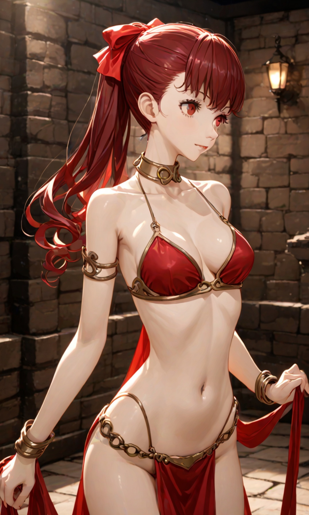 ai generated, bikini, bow, breasts, chains, cleavage, dungeon, female, jewelry, kasumi yoshizawa, perky breasts, persona, persona 5, red eyes, red hair, sex slave, skinny, slave bikini, slave collar, slim waist