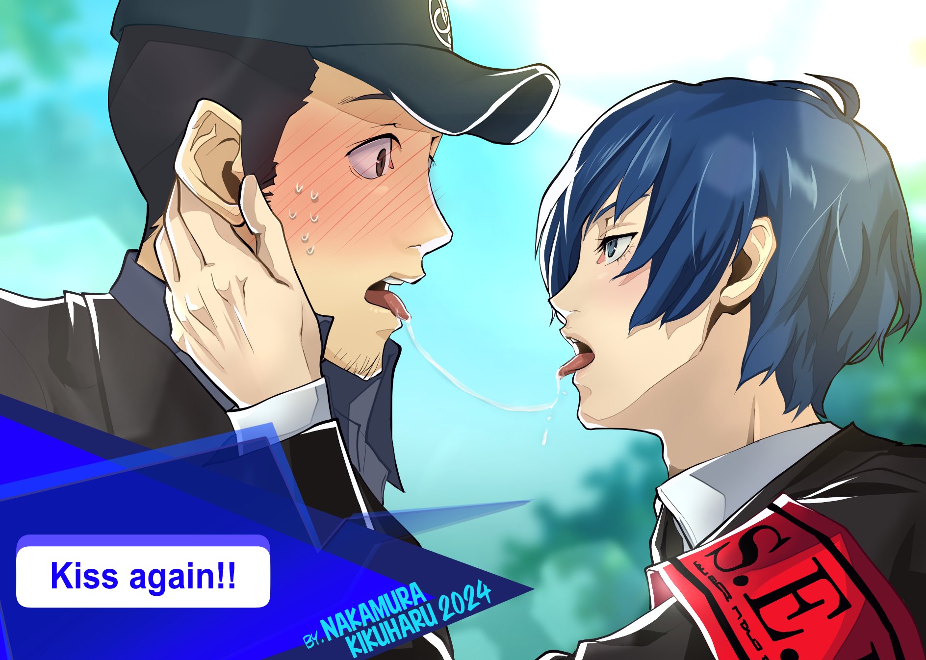2boys, armband, armwear, beard, black hair, blue eyes, blue hair, blush, brown eyes, cap, clothing, gay, human, junpei iori, kissing, makoto yuki, male, nakamura kikuharu, no sex, pale skin, persona, persona 3, persona 3 reload, saliva, saliva drip, saliva trail, tongue, tongue out, yaoi