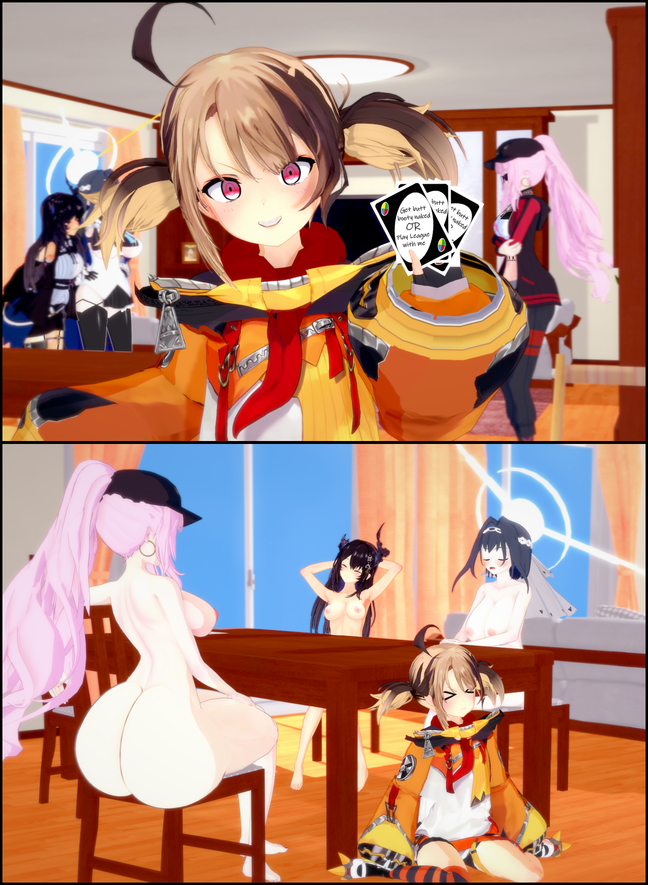 3d, 3d (artwork), 4girls, amanwithnoplan, ass, before and after, big ass, big breasts, blush, breasts, closed eyes, clothed, clothed female, female, female only, funny, gigi murin, gigi murin (1st costume), highres, hololive, hololive english, hololive english -advent-, hololive english -council-, hololive english -justice-, hololive english -promise-, hololive myth, huge ass, huge breasts, koikatsu, large breasts, light skin, light-skinned female, long hair, mori calliope, multiple females, multiple girls, nerissa ravencroft, nude, nude female, ouro kronii, pale skin, pale-skinned female, ponytail, uno (game), virtual youtuber