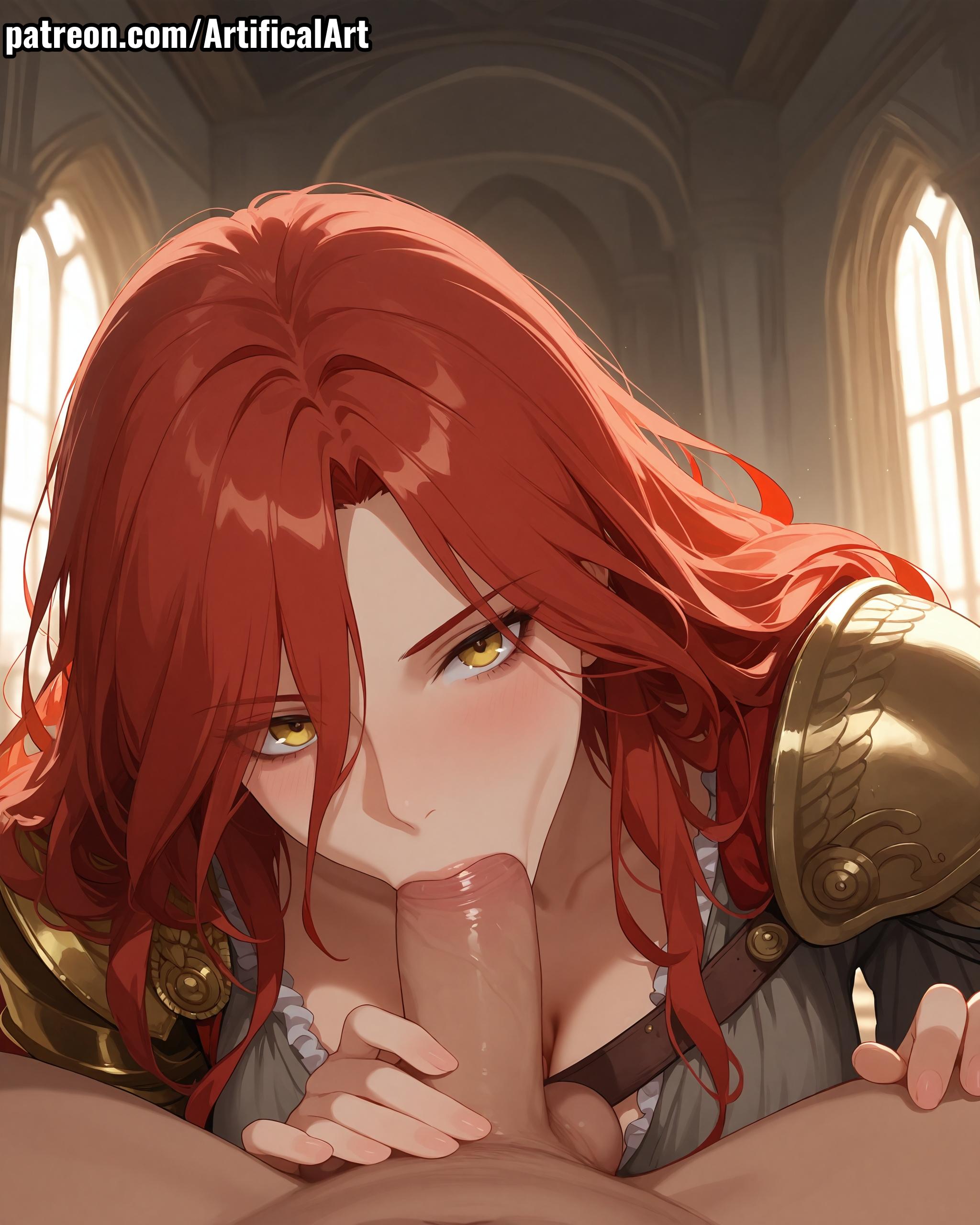 1boy, 1girls, 4k, absurd res, absurdres, ai generated, artifical art, big breasts, blowjob, blush, breasts, elden ring, fellatio, female, fertile, fromsoftware, high resolution, long hair, looking at viewer, makeup, male, malenia blade of miquella, penis, red hair, tagme