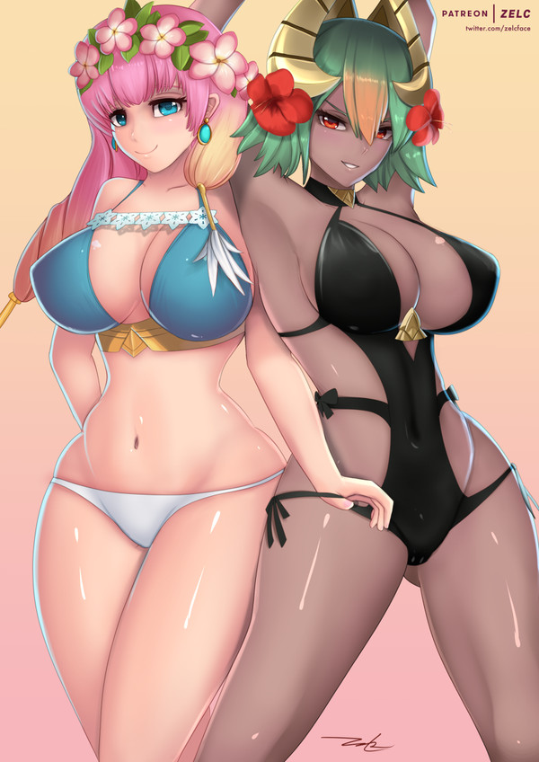 arms up, big breasts, bikini, breasts, chocolate and vanilla, dark skin, dragon horns, female, fire emblem, fire emblem heroes, flower in hair, gunnthra (fire emblem), hand in another's panties, higher resolution available, laegjarn (fire emblem), pink hair, thick thighs, zelc-face