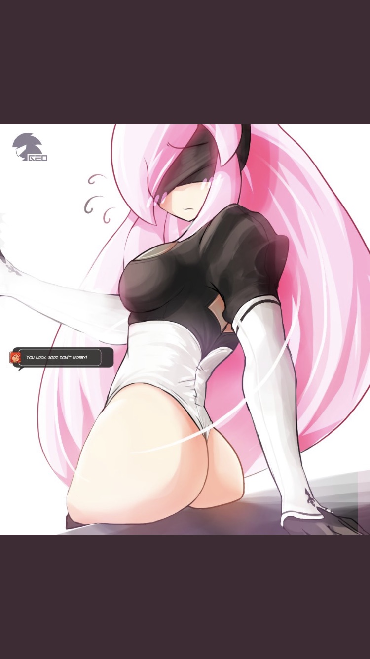 2018 ami_(gwain_saga) artist_logo ass blindfold blush blush_lines cute embarrassed english_text female geoexe geoexe_(artist) gwain_saga long_hair long_pink_hair looking_back nier:_automata pink_hair sideboob sitting speech_bubble text yorha_2b_(cosplay)