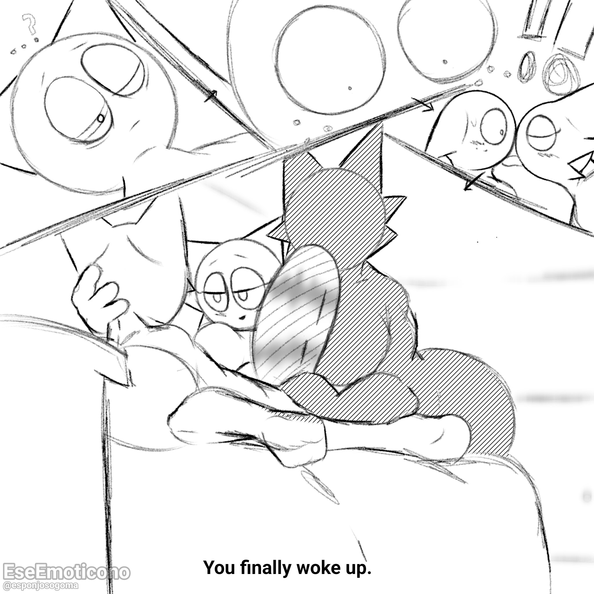 1boy, 2girls, anthro, bed, bedroom, big penis, black and white, blowjob, cat ears, clone, comic panel, dark skin, english text, eseemoticono, female, furry, gray (sprunki), incredibox mod, kissing, licking, male, penis, sprunki, surprised face, wenda (sprunki), white background, white skin utsavlina