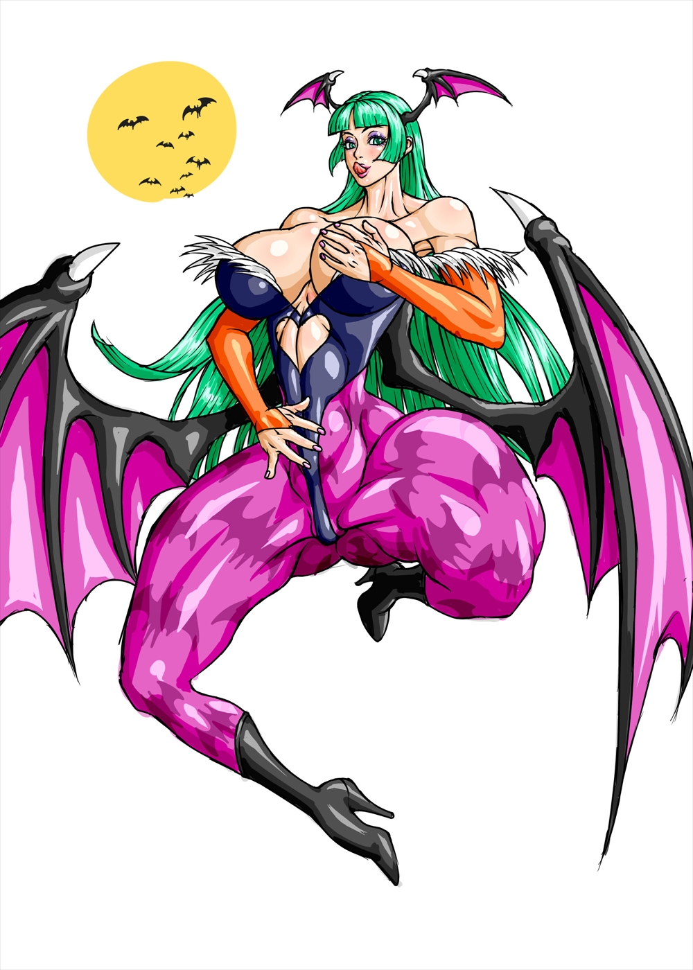 1girls artist_name bare_shoulders bat batwings big_breasts bimbo blush boots breasts bridal_gloves busty capcom cleavage clothing curvy darkstalkers demon_girl elbow_gloves eyelashes eyeshadow female female_only fingerless_gloves front_view green_eyes green_hair head_wings high_heel_boots high_heels hourglass_figure human large_breasts leotard lipstick long_hair looking_at_viewer makeup moon morrigan_aensland nail_polish negoto_(nego6) orange_gloves pink_lipstick pose posing room shiny shiny_skin simple_background solo spread_legs spreading succubus text thick_thighs thong tongue_out video_game video_games voluptuous white_background wide_hips wings