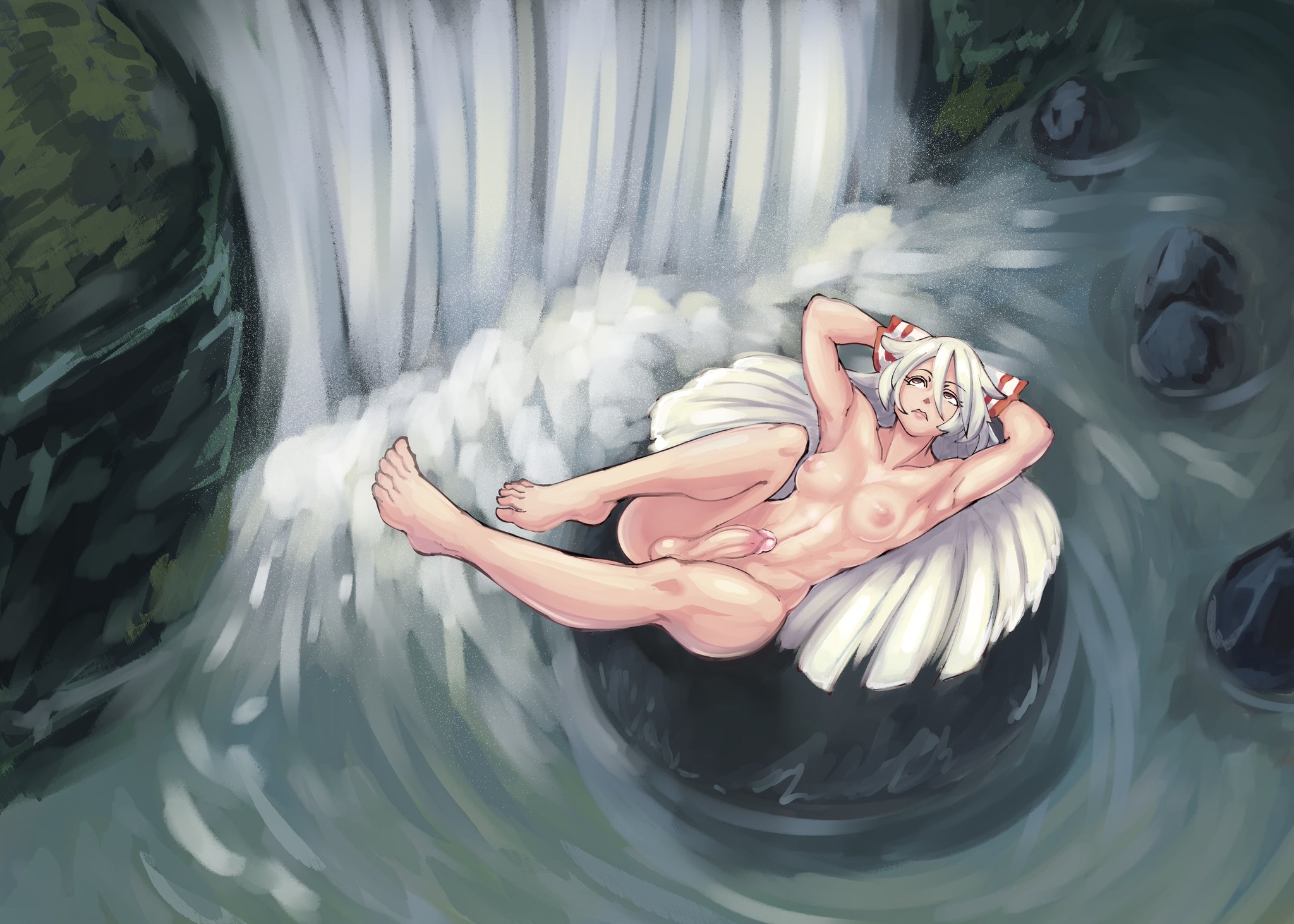 1futa, balls, dickgirl, erection, fujiwara no mokou, futa only, futanari, hands behind head, intersex, lying, naked, nicecream, ribbon, sea, solo, solo futa, testicles, touhou, waterfall, white hair