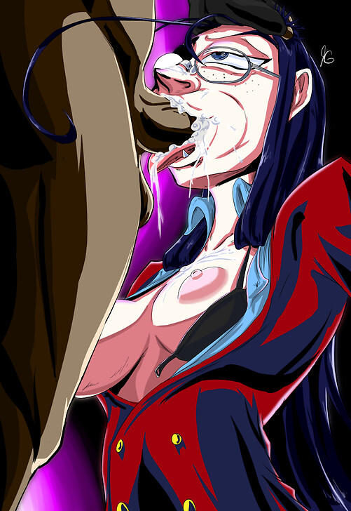 1boy 1girls antenna_hair big_breasts clothed cum_in_mouth german_female glasses hellsing oral pale-skinned_female project00wolfen rip_van_winkle