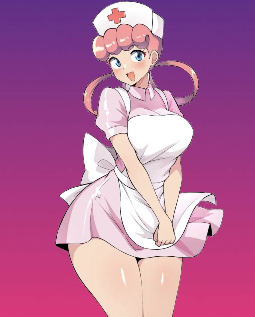 1girls big_breasts blue_eyes blush blushing_at_viewer breasts cute cute_face dress eyelashes flowing_clothing hands_together happy holding_own_hand large_breasts light-skinned_female light_skin looking_at_viewer nurse nurse_clothing nurse_hat nurse_joy nurse_outfit nurse_uniform open_mouth paulinebabe pink_dress pink_hair pokemon pokemon_(game) pokemon_anime pose posing posing_for_the_viewer shiny shiny_clothes shiny_hair shiny_skin smile smiling_at_viewer thighs thighs_together