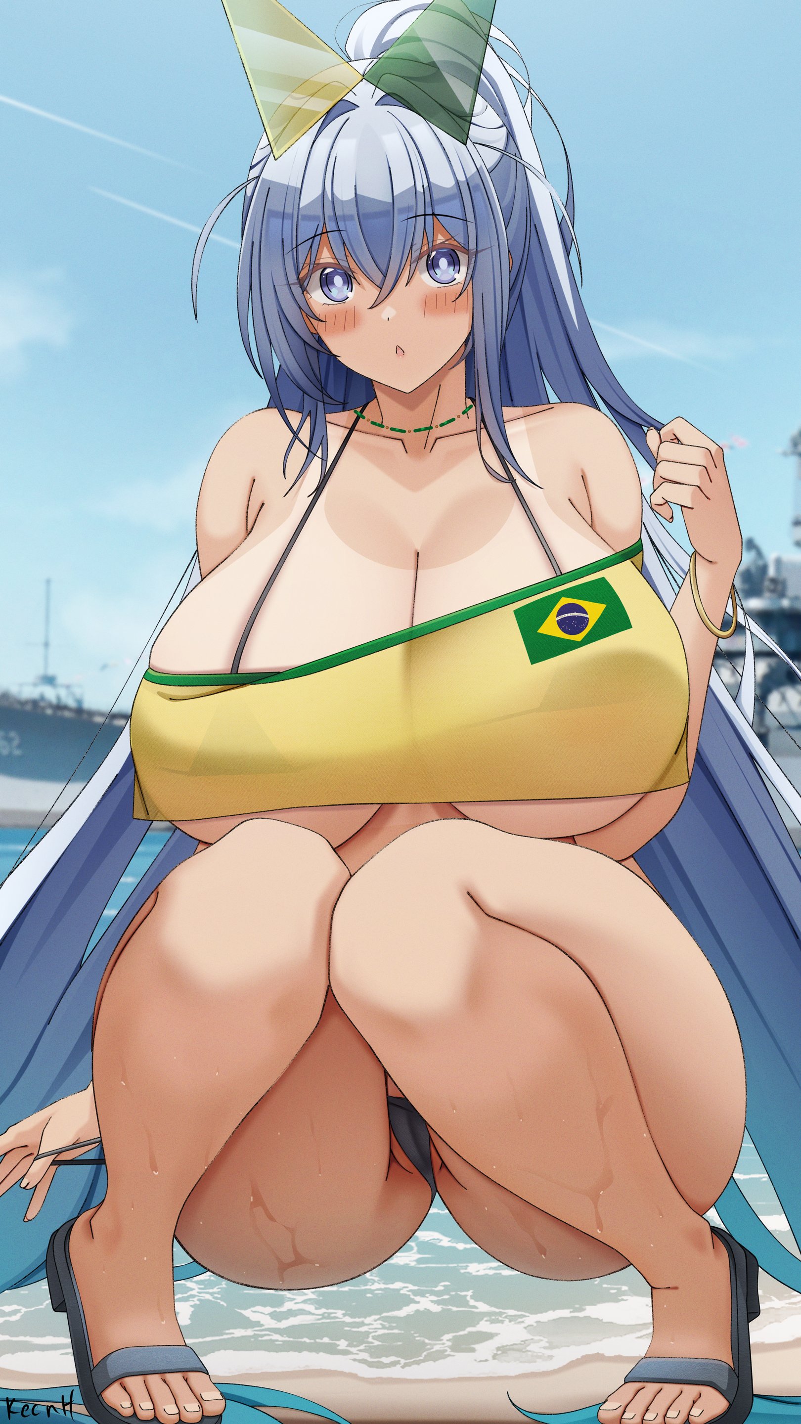 :o, 1girls, absurdres, azur lane, beach, bikini, black bikini, black footwear, blue eyes, blue hair, blush, brazilian flag, brazilian miku (cosplay), breasts, cameltoe, cleavage, collarbone, crotch, curvy, eagle union (azur lane), female, hair between eyes, hair ornament, highres, huge breasts, jewelry, keenh, light skin, light-skinned female, long hair, looking at viewer, necklace, new jersey (azur lane), ocean, open mouth, outdoors, pussy, sandals, ship, sidelocks, signature, solo, squatting, swimsuit, tan, tanline, thighs, toes, very long hair, watercraft, wet