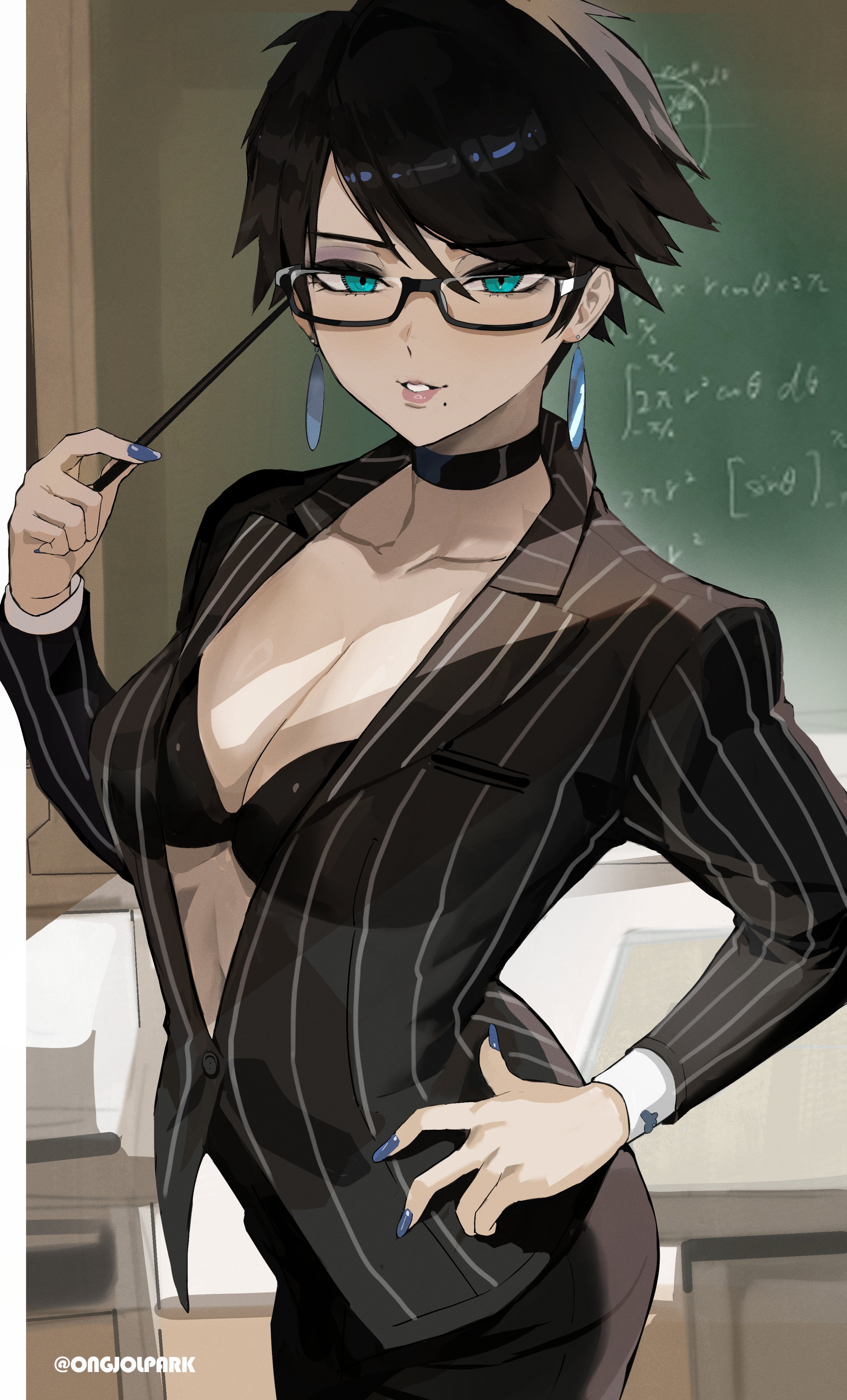 absurdres, bayonetta, bayonetta (character), bayonetta (series), bayonetta 2, beauty mark, big breasts, black bra, black choker, black hair, blue eyes, bra, breasts, chalkboard, choker, cleavage, commentary, earrings, english commentary, female, glasses, hand on own hip, highres, indoors, jewelry, large breasts, looking at viewer, mole, mole under mouth, ongjolpark, partially open jacket, pinstripe jacket, pinstripe pattern, short hair, smile, solo, teacher, twitter username, underwear