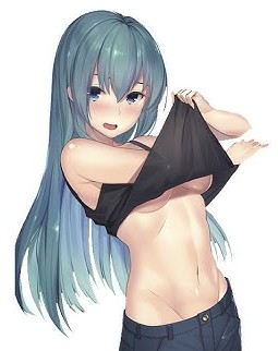 green_hair jean_short long long_hair small_breasts undressing