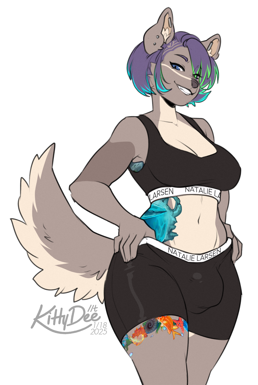 2025 5_fingers alpha_channel anthro blue_eyes bottomwear breasts bulge canid canine canis clenched_teeth clothed clothed_anthro clothed_herm clothing digital_media_(artwork) domestic_dog ear_piercing fingers front_view fully_clothed fully_clothed_anthro fully_clothed_herm fur grey_body grey_fur grey_tail hair hands_on_hips herm hi_res inner_ear_fluff intersex kittydee looking_at_viewer mammal nova_palmer piercing purple_hair smile solo standing tail teeth topwear tuft