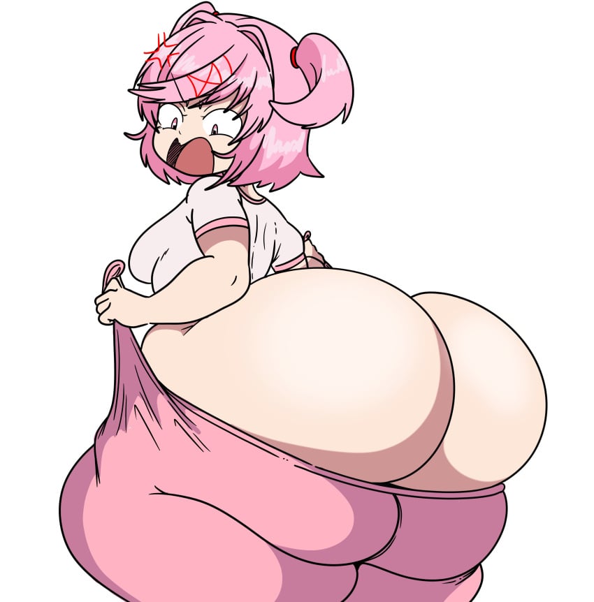 1girls ass ass_focus big_ass big_butt bottom_heavy bubble_ass bubble_butt crossed_hair-clip doki_doki_literature_club fat fat_ass fat_butt fat_woman female female_only huge_ass huge_butt hyper_ass inakotho large_ass large_butt natsuki_(doki_doki_literature_club) pulling_clothing shocked short_hair shortstack solo