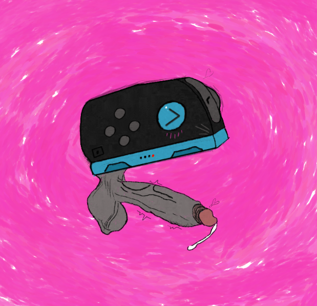 animate_inanimate balls big_balls big_penis blush blush_lines bodily_fluids closed_eyes controller embarrassed genital_fluids genitals gigaderp123 humanoid_genitalia humanoid_penis male nintendo_switch_2 penis simple_background solo throbbing throbbing_penis what why wtf