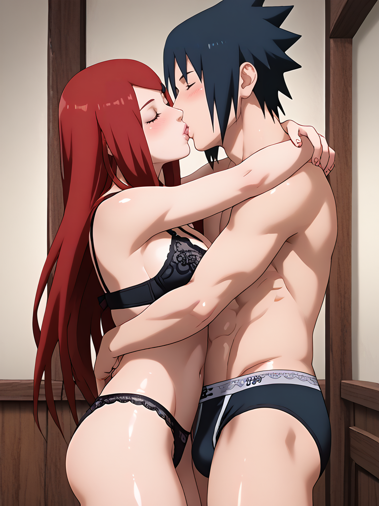 ai_generated ass big_ass big_breasts black_hair black_underwear closed_eyes couple hug isogil kissing kissing naruto naruto_(series) naruto_shippuden red_hair sasuke_uchiha uzumaki_kushina