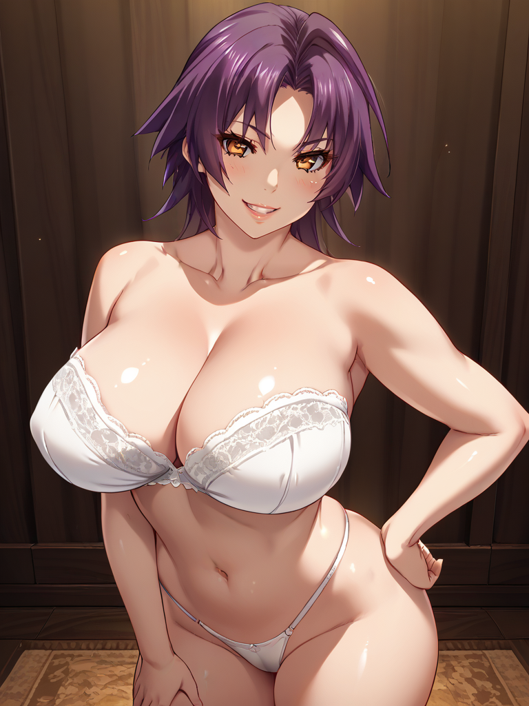 ai_generated azuma_marina big_breasts isogil kashidashi_tsuma_marina_no_"netorase"_houkoku_binkan_tsuma_to_zetsurin_daigakusei looking_at_viewer purple_hair sexy_pose white_bra white_panties white_underwear yellow_eyes