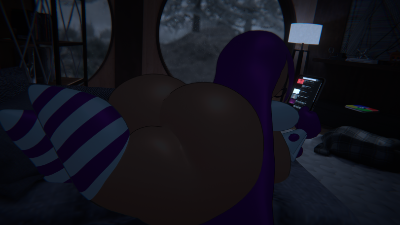 ass_bigger_than_head boobs_press holding_clipboard kirby_(series) laying_on_back legs_in_air nub_feet purple_hair striped_socks susanna_patrya_haltmann susie_(kirby) tanned_female vrchat vrchat_avatar