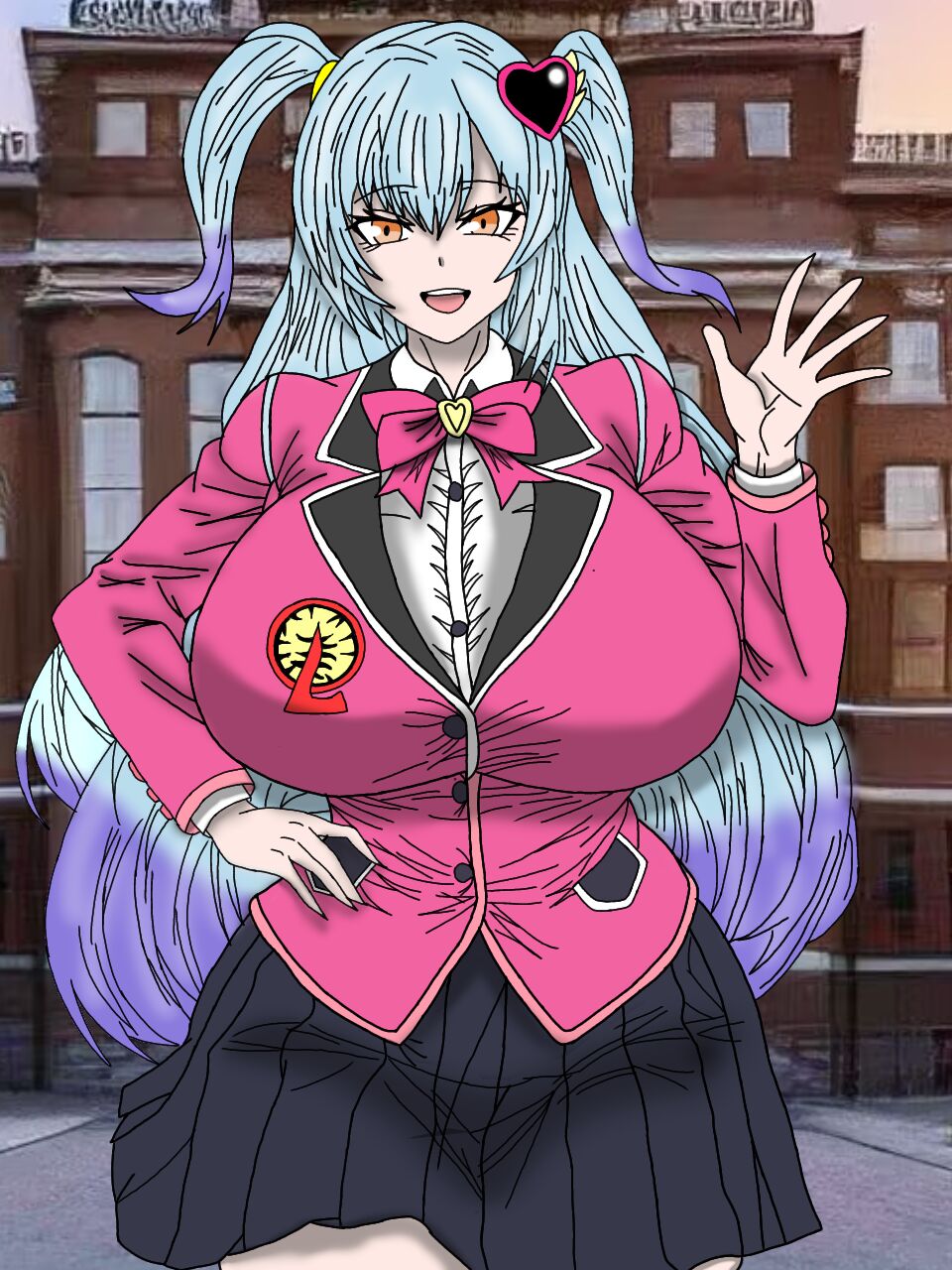 1girls, big breasts, breasts, chesed95850218, female, hand on hip, lobotomy corporation, orange eyes, project moon, queen of hatred, school uniform, tagme
