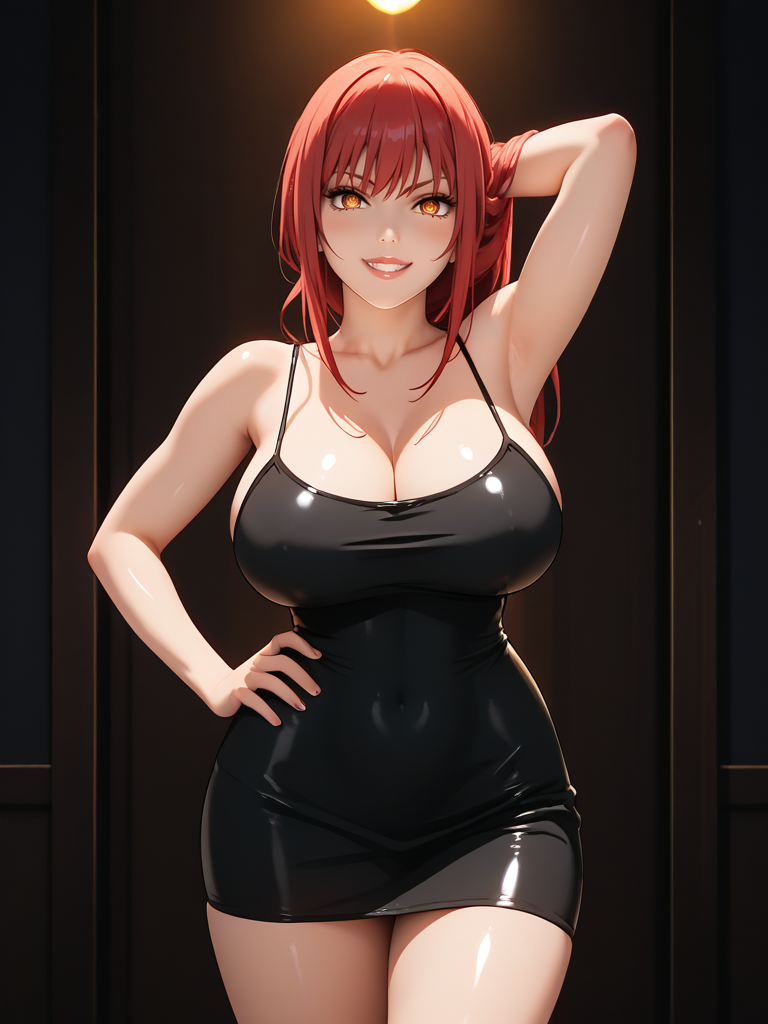 ai_generated black_dress chainsaw_man grin hand_on_hip huge_breasts isogil makima_(chainsaw_man) red_hair ringed_eyes short_dress