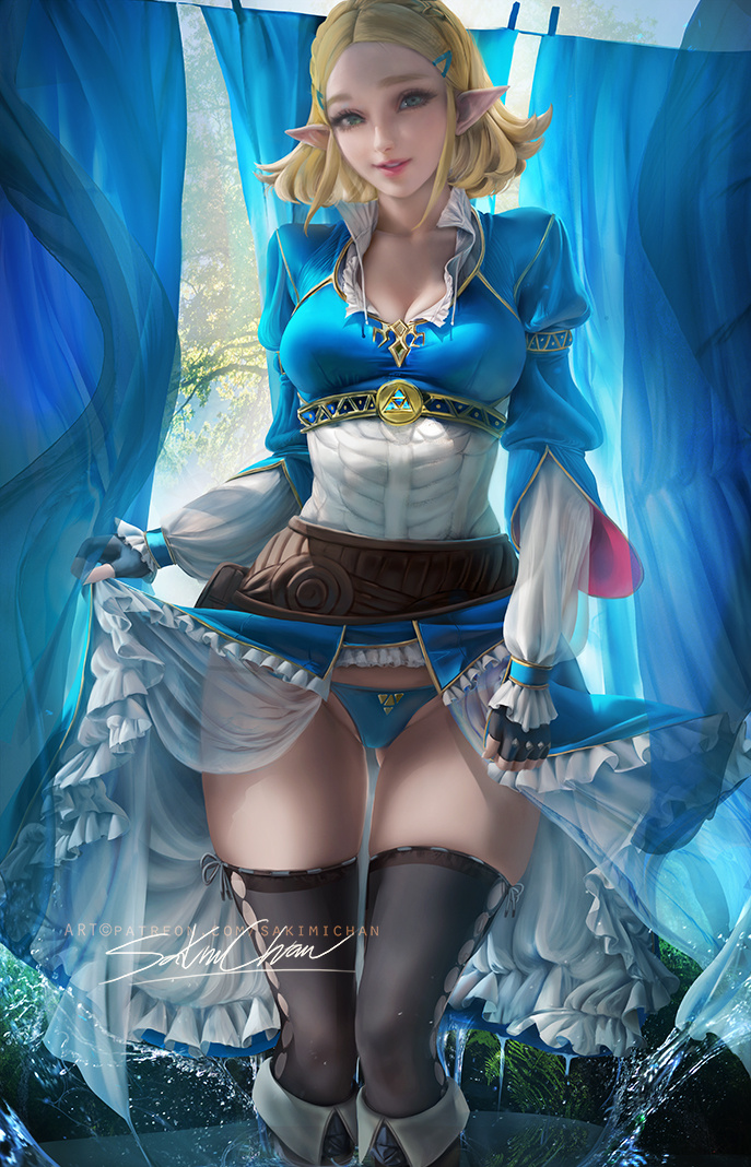 1girls blonde_hair blue_eyes bob_cut breath_of_the_wild dress female female_only hylian looking_at_viewer medium_breasts nintendo panties pinup pointy_ears princess_zelda sakimichan solo tears_of_the_kingdom teenager the_legend_of_zelda thighhighs triforce_panties zelda_(tears_of_the_kingdom)