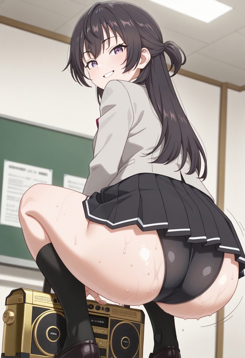 1girls ai_generated black_hair black_panties black_skirt boombox civitai dress_inside_ass grey_jacket jacket long_hair looking_at_viewer looking_back pleated_skirt purple_eyes school_uniform shoes solo