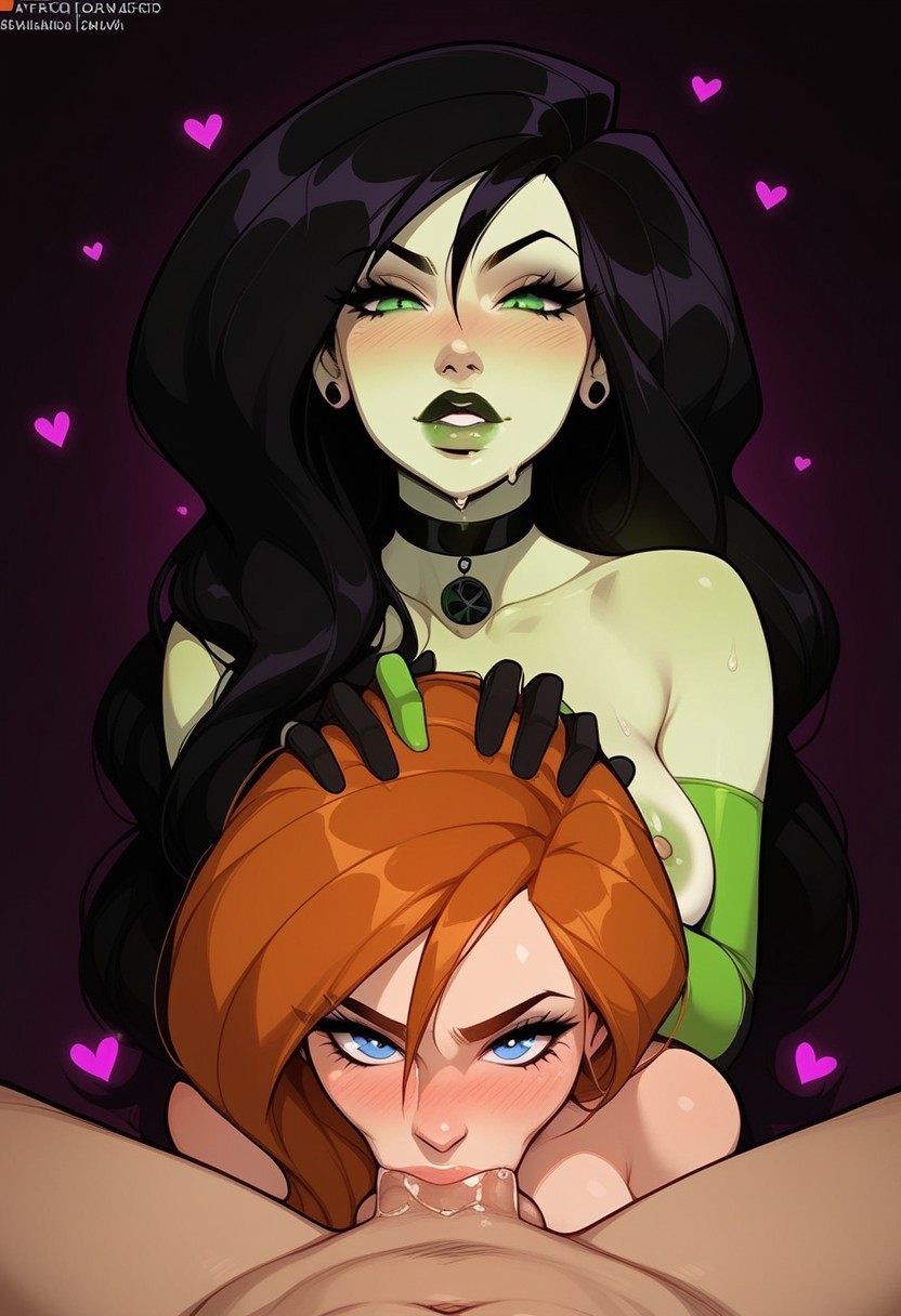 1boy 2024 2girls 2girls1boy ai_generated alternate_version_available assisted_fellatio fellatio kim_possible kimberly_ann_possible looking_at_viewer pelican_man pov shego