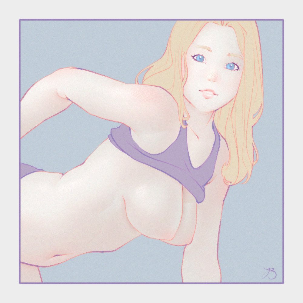 bent_over blonde_hair blue_eyes female framed_image looking_at_viewer medium_breasts original portrait shirt_lift solo theinsaneum