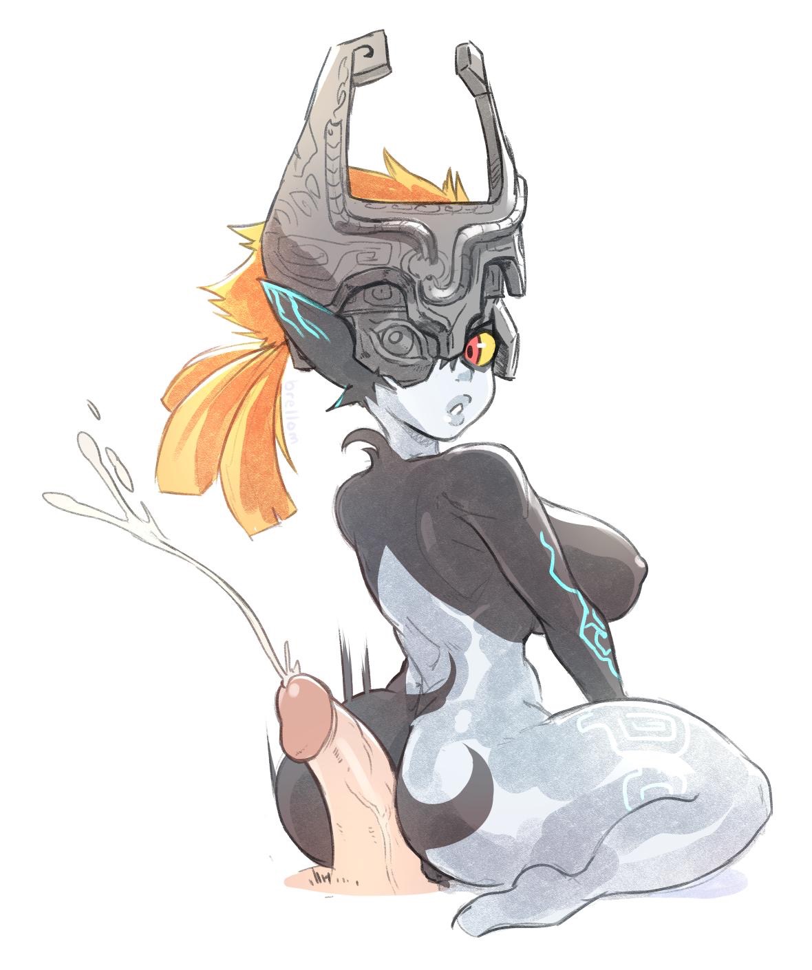 1boy, 1girls, ass, big ass, big breasts, black skin, breasts, brellom, cum, cum shot, feet, female, female artist, grey skin, hot dogging, imp midna, male, midna, multicolored skin, nintendo, nipples, orange hair, penis, pointy ears, red eyes, the legend of zelda, thick thighs, thighs, twilight princess, white background, wide hips, yellow sclera