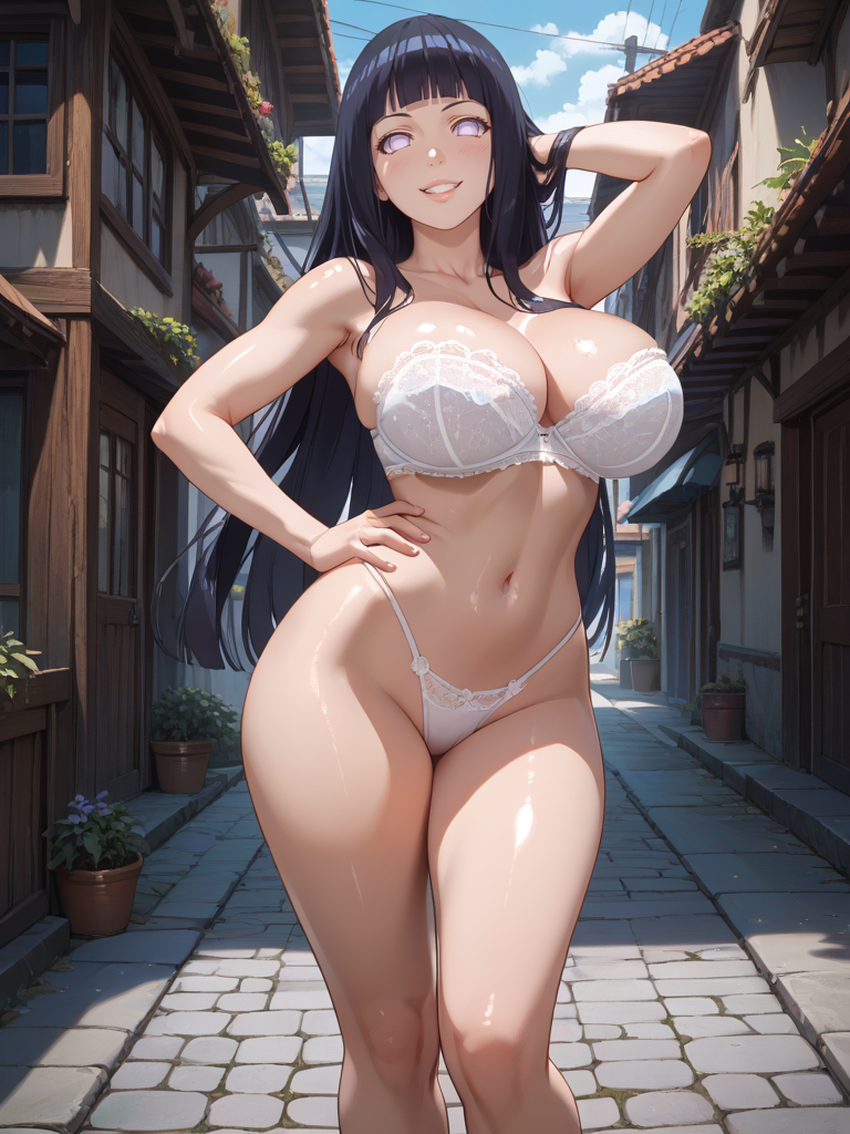 ai_generated ass big_breasts black_hair hyuuga_hinata isogil long_hair naruto naruto_(series) sexy_pose white_bra white_eyes white_panties white_underwear