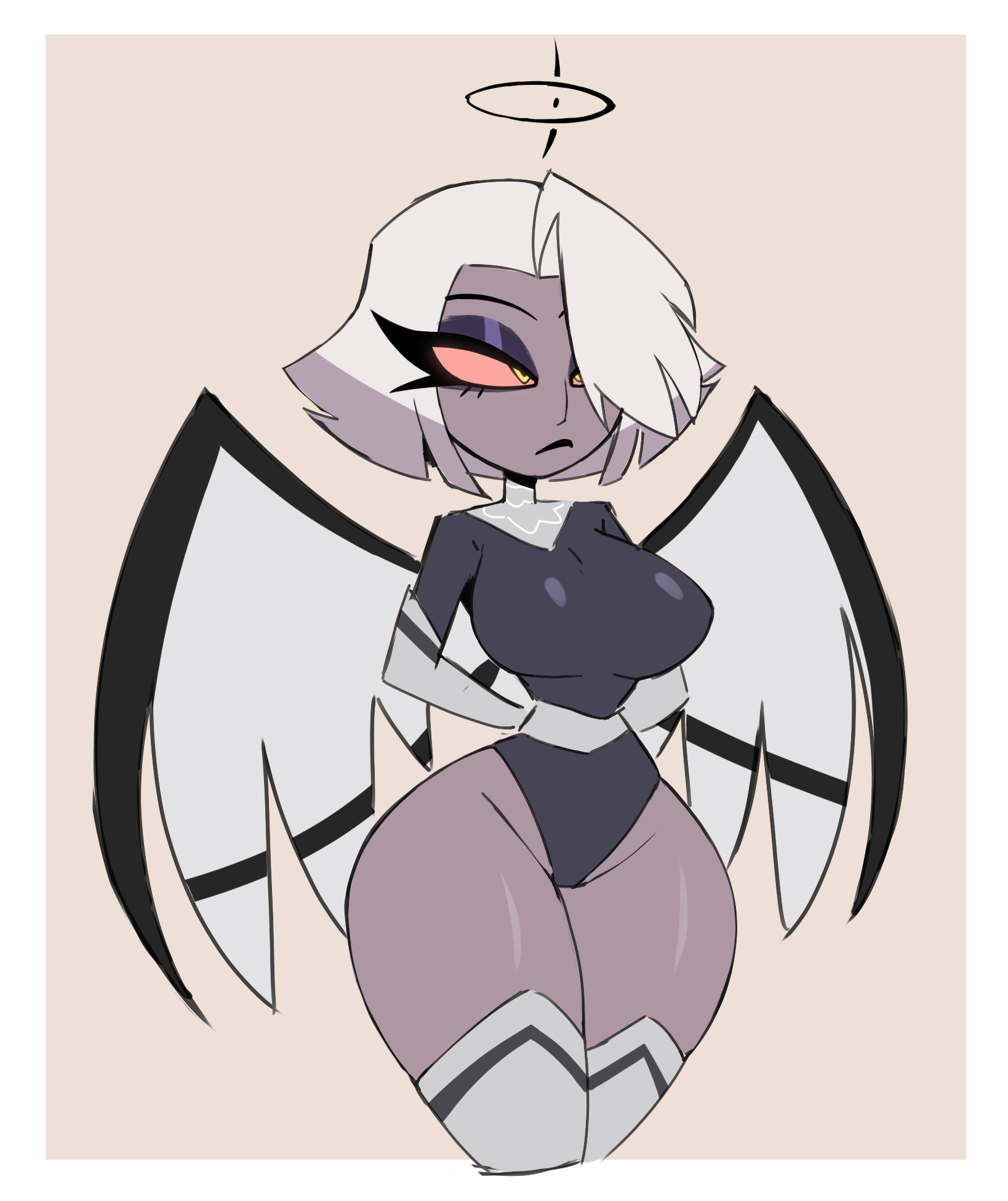 angel, exorcist (hazbin hotel), exorcist vaggie, eyeshadow, female, female only, grey body, hazbin hotel, hellaverse, hourglass figure, leotard, nelljoestar, power (angel), red sclera, short hair, solo, thick thighs, thighhighs, thunder thighs, tight clothing, vaggie (hazbin hotel), vivienne medrano, white hair, wide hips, wings