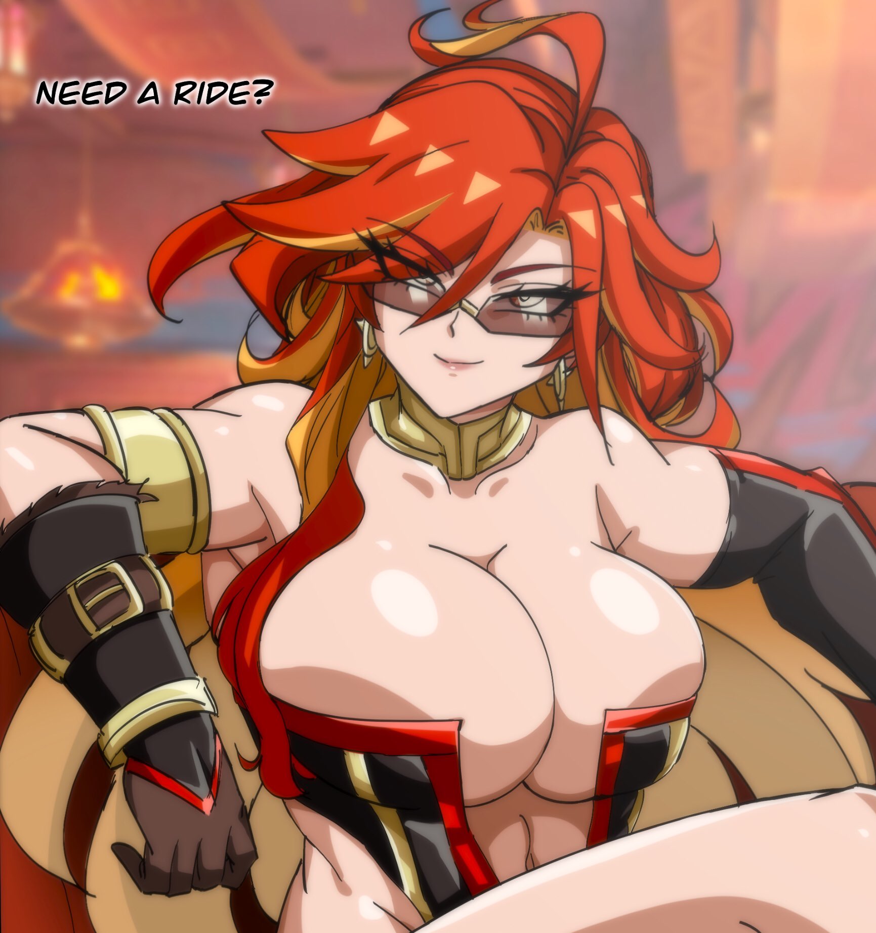 ahoge, bicolored hair, clothed, clothed female, darwaarts, fanart, female, female only, genshin impact, glasses, gloves, golden hair, long hair, mavuika (genshin impact), red hair, sunglasses, tinted eyewear