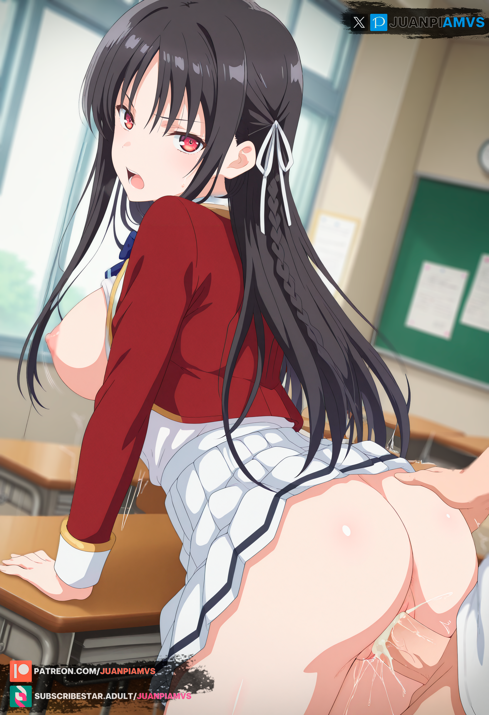 ai generated, big breasts, breasts, classroom of the elite, female, from behind, grabbing ass, grabbing ass while penetrating, horikita suzune, juanpiamvs, long hair, open clothes, open mouth, patreon, patreon username, penetration, red eyes, school uniform, sex, subscribestar, subscribestar username, watermark, wet