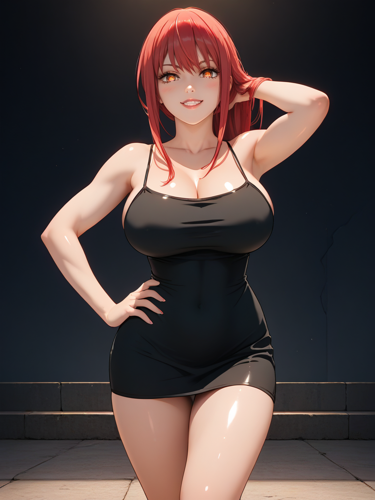 ai_generated black_dress chainsaw_man grin hand_on_hip huge_breasts isogil makima_(chainsaw_man) red_hair ringed_eyes short_dress