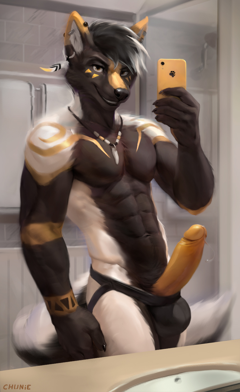 1boy 2019 anthro athletic balls bathroom black_fur black_underwear canid canine chunie clothed clothing detailed_background ear_piercing erection fur hi_res holding_cellphone humanoid_penis inside jewelry jockstrap looking_at_viewer male male_only mammal navel necklace partially_clothed penis piercing precum_drip retracted_foreskin selfie smile solo topless uncut underwear white_fur yellow_fur zaccai