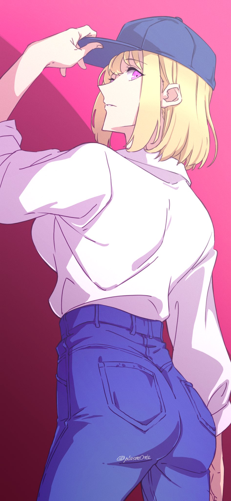 ass back_view blonde_hair blue_cap blue_jeans cap cha_hae_in clothed_female curvy female jeans looking_at_viewer looking_back pink_background pink_eyes shirt sideboob solo_female solo_leveling wrinkles_in_clothes