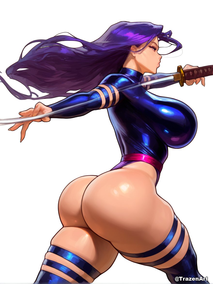 1girls ai_generated ass ass_focus breasts female female_focus female_only large_ass large_breasts looking_at_viewer looking_back marvel marvel_comics psylocke psylocke_(marvel_rivals) solo sword thick_thighs thighs trazenart weapon white_background