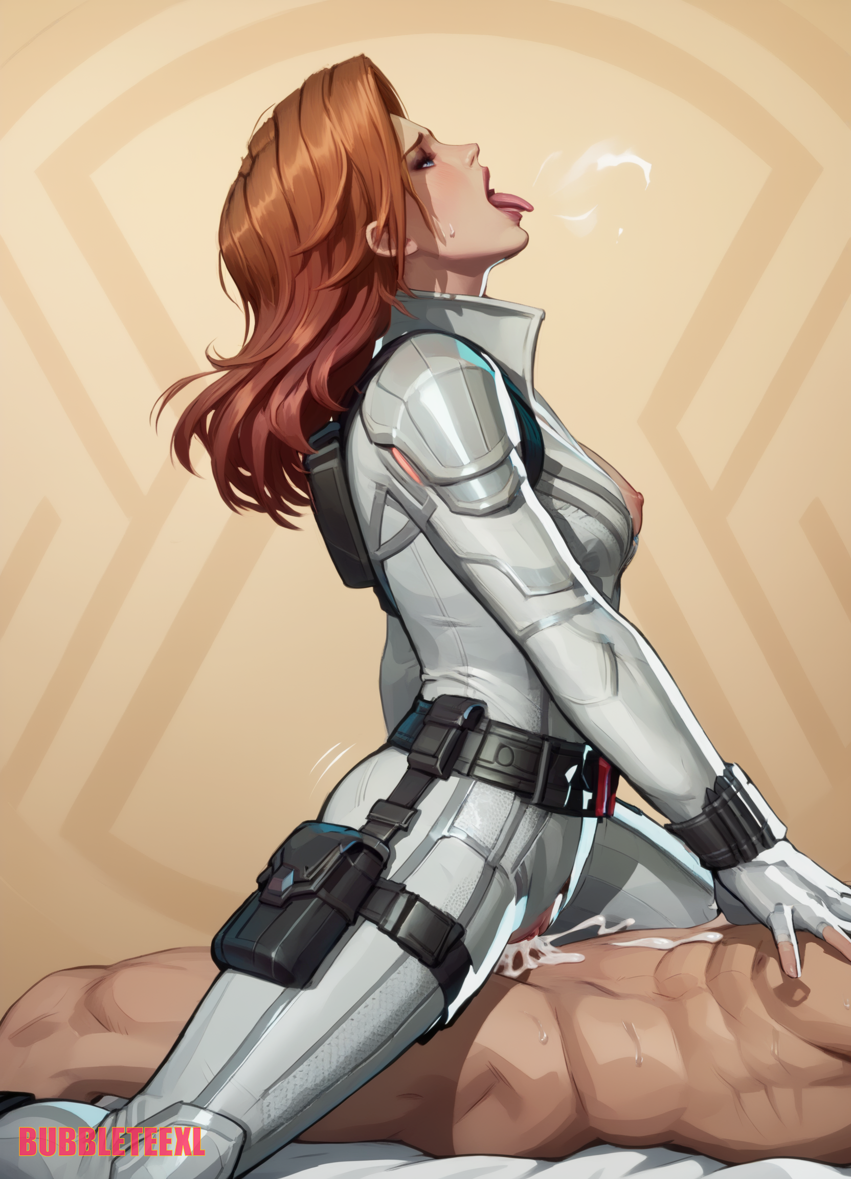 ai generated, black widow (marvel rivals), black widow (marvel), black widow (white suit), bubbleteexl, cowgirl position, female, male, marvel, marvel comics, marvel rivals, penis, riding cock, white shirt