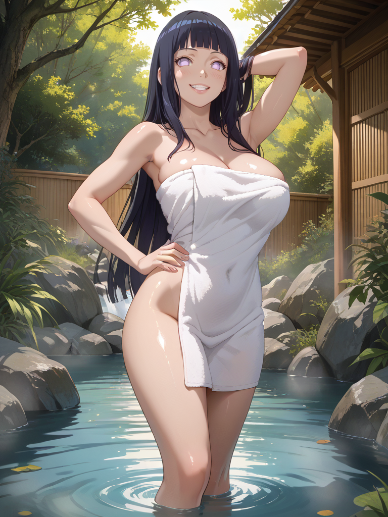 ai_generated ass big_ass big_breasts black_hair hot_spring huge_ass huge_breasts hyuuga_hinata isogil long_hair naruto naruto_(series) onsen standing_in_water towel water white_eyes