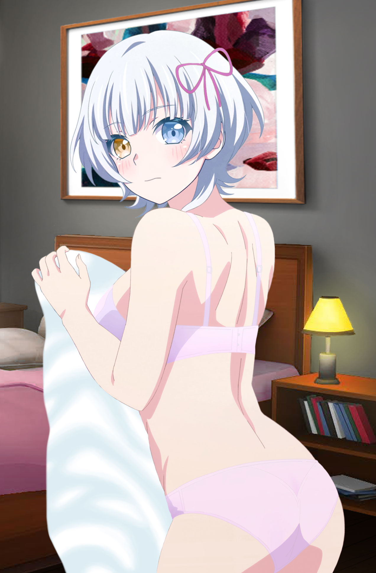 1girls heterochromia kaname_raana medium_breasts pink_bra pink_panties short_hair sideboob towel white_hair