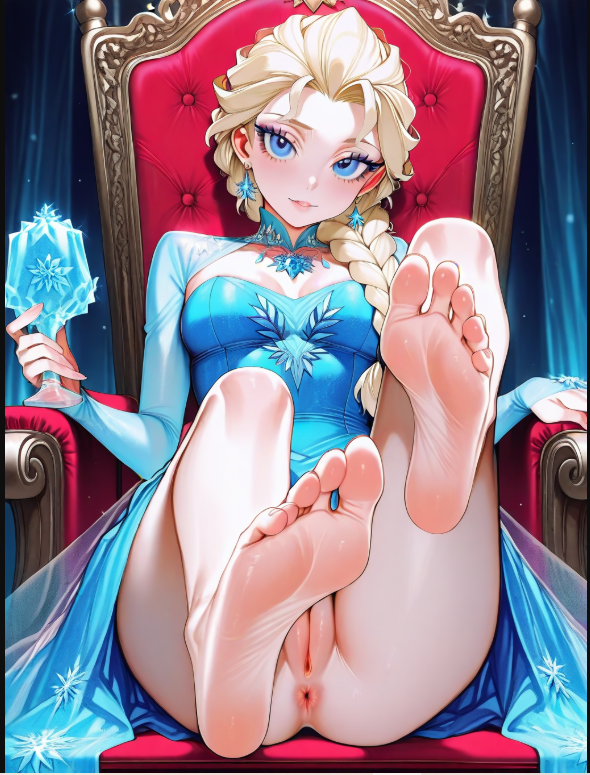 1girls ai_generated blonde_hair blue_clothing blue_eyes disney dominant_female dress earrings elsa_(frozen) female_only focus_on_pussy frozen_(film) legs_together pussy_juice queen royalty sitting_on_chair solo_female throne